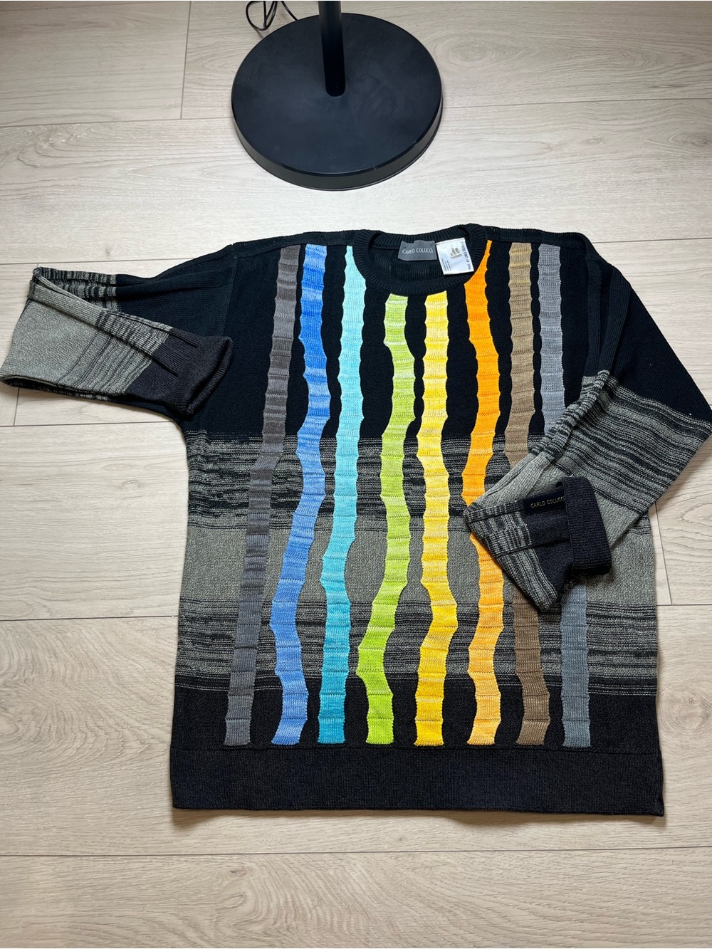 Carlo Colucci Crewneck Sweater Black with Multicolor Stripes Mens ’ Large